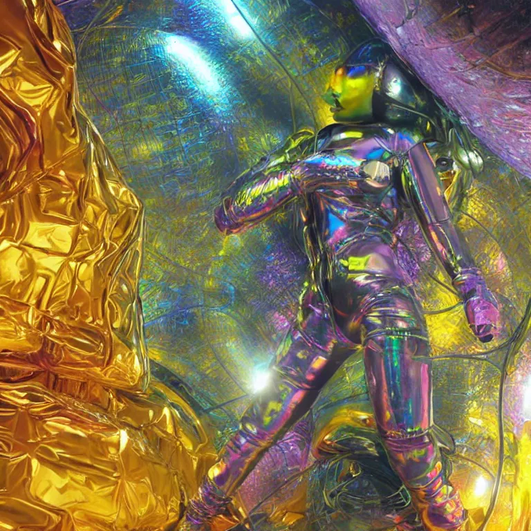 Prompt: octane render by wayne barlow and carlo crivelli and glenn fabry, a woman in a skintight colorful shiny spacesuit with colorful iridescent metal banding, covered in bright colorful alien flora and fauna inside a massive cavernous metal dome, cinema 4 d, ray traced lighting, ultra - detailed, volumetric lighting