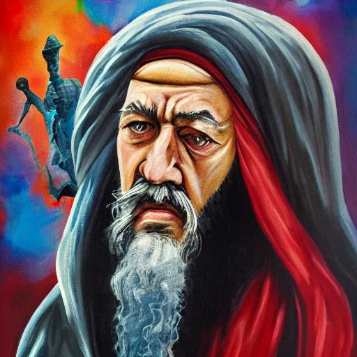 Image similar to abstract painting of ian mckellen as osama bin laden in a dark hood fighting an alien invasion by creatures from jupiter, arial shot, highly detailed, award painting, 8 k