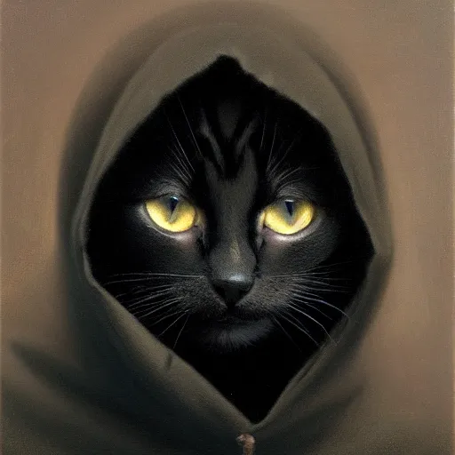 Image similar to a portrait of a kitten wearing a black hood, cloak covering face, anatomically correct, beautiful perfect face, enigmatic, oil painting, matte, black background, Volumetric dynamic lighting, Highly Detailed, Cinematic Lighting, Unreal Engine, 8k, HD, by Beksinski