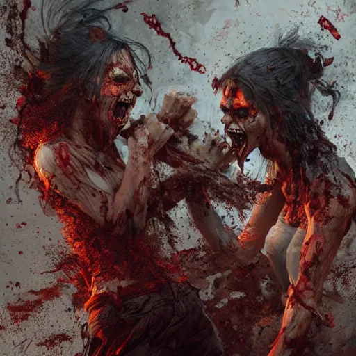 Prompt: two angry zombie girls attacking each other, intricate, art by greg rutkowski, high detailed, 4 k,