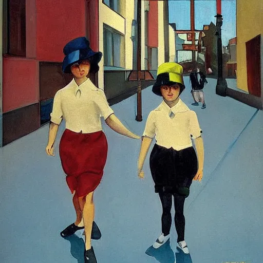 Image similar to a pair of twins on the streets of a modern city, art deco, therese nielsen