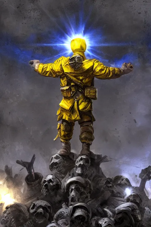 Prompt: A distant front view shot of a super duper soldier with blue and yellow flag in his hand while he is standing on a huge pile of skulls in triumph after the battle, head is up, flag in hands up, dark atmosphere, nuclear war, bright rays of light, beams of light, intricate, volumetric lighting, volumetric lights, highly detailed, smooth, artstation, concept art, сinematic lighting, insanely detailed, smooth, sharp focus, Artstation, 8k, unreal engine, hyper realistic, steampunk style, bright background, moonlight, volumetric lighting, wallpaper, digital illustration by Ruan Jia and Mandy Jurgens and Artgerm and Wayne Barlowe and Greg Rutkowski and Frank Frazetta