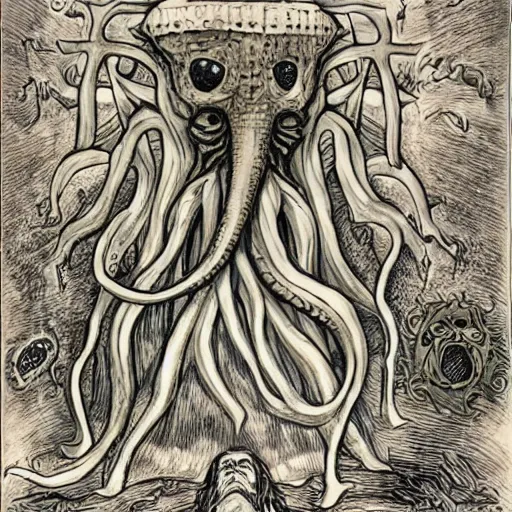 Image similar to in his house at r'lyeh dead cthulhu waits dreaming, divinity, awful, religious art