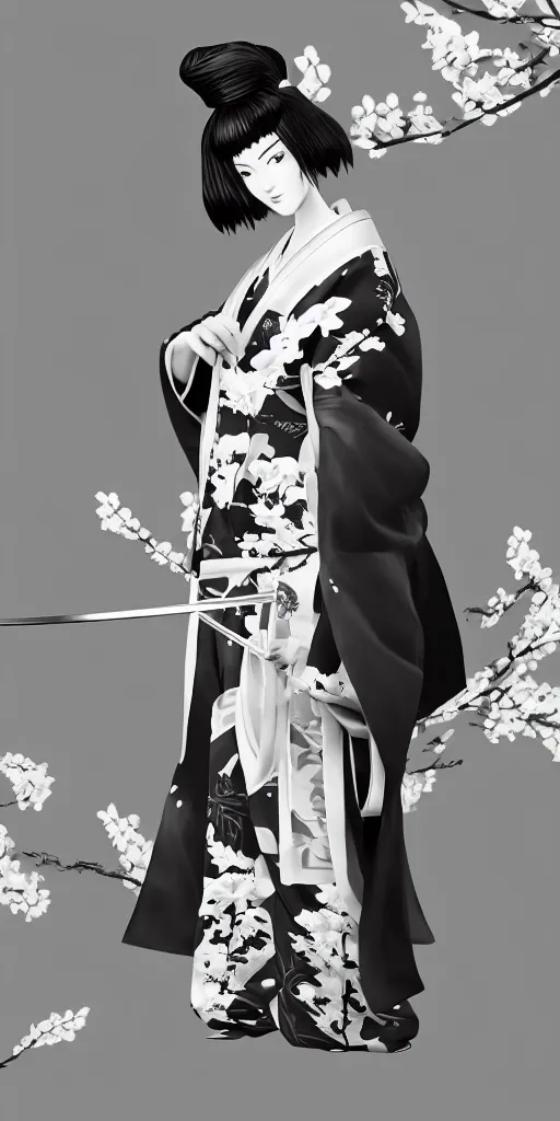 Image similar to character design, black and white kimono, samurai, dark long hair, princess cut hairstyle ， beautiful, elegant, symmetrical face, long legs, regular feet, big katana, full body, wisteria trees, realistic, uhd, unreal engine, detailed