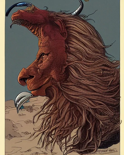 Image similar to a creature with the body and eyes of a man, with the beak of an eagle, the mane of a lion, and the horn of a bull. drawn by moebius