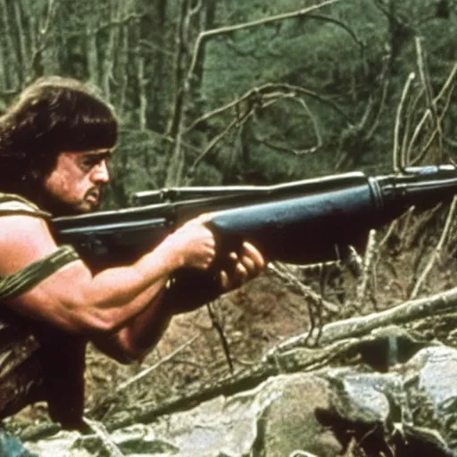 Image similar to A still of Danny Devito as Rambo in Rambo First Blood (1982)