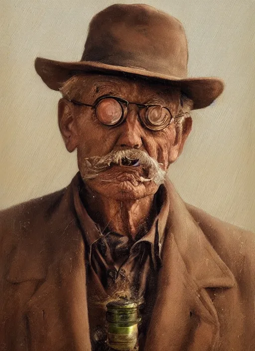 Prompt: Portrait Bust oil painting of and Old man by Jama Jurabaev, Robot Arm, Monocle, no glasses, Bust Portrait, Steam Punk, Wearing a worn out brown suit, extremely detailed, brush hard, brush strokes, Dorothea Lange, Migrant Mother, artstation