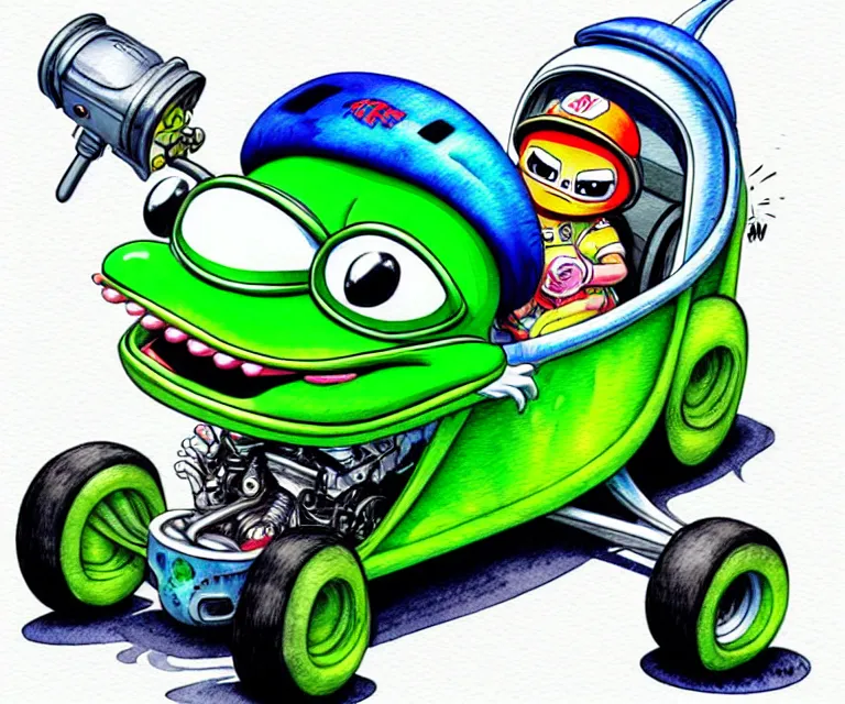 Image similar to cute and funny, pepe wearing a helmet riding in a tiny hot rod tesla with oversized engine, ratfink style by ed roth, centered award winning watercolor pen illustration, isometric illustration by chihiro iwasaki, edited by range murata, details by artgerm