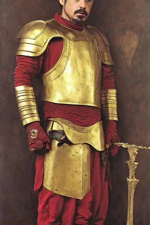 Image similar to robert downey jr wearing red and golden medieval armour, game of thrones, bouguereau