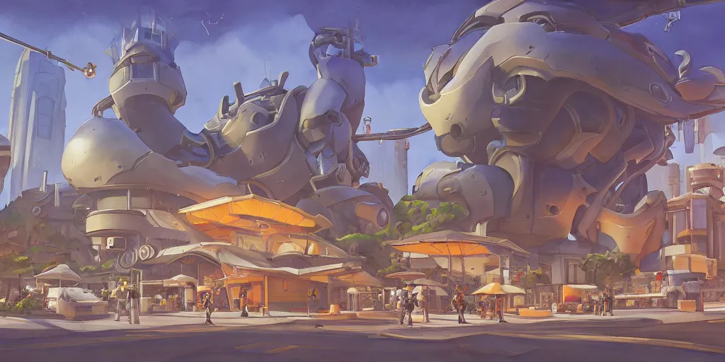 Image similar to overwatch building, stylized, exterior, architecture, in watercolor gouache detailed paintings, insanely detail, artstation, 8 k, futuristic, big medium small, arcane, simon stalenhag, food stall, interesting shapes & form, golden ratio, megastructures, vitaly bulgarov, mall, jungle, environment, nature, zaha hadid, night, afterdark