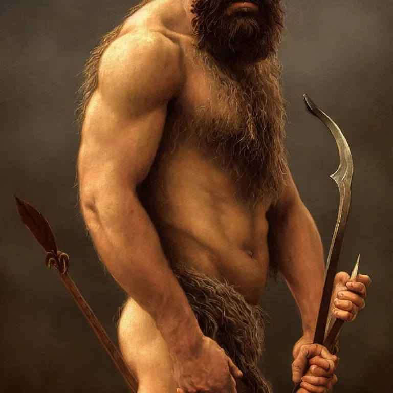 Image similar to renaissance painting full body portrait of a gruff ranger with a spear, lean and toned, handsome face, hairy chest and hairy body, D&D, intricate, elegant, highly detailed, digital painting, artstation, concept art, matte, sharp focus, chiaroscuro, well list, illustration, art by Artgerm and Greg Rutkowski and Alphonse Mucha