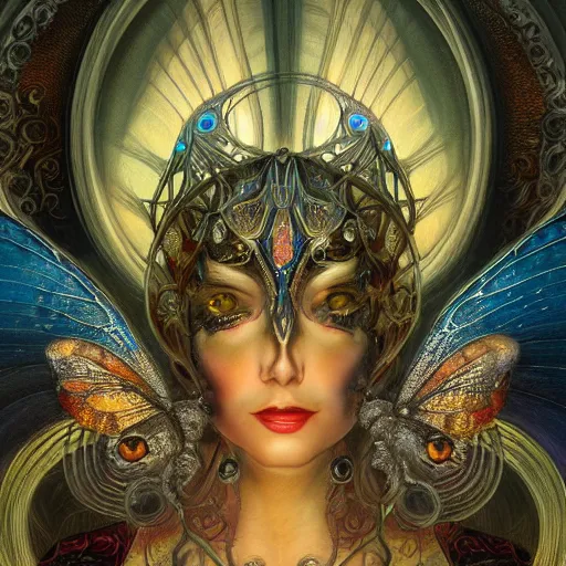 Image similar to beautiful closeup portrait of an art deco fairy queen, glowing eyes. reflective detailed textures, moth wings, highly detailed dark fantasy science fiction painting by donato giancola and peter mohrbacher and diego rivera, elaborate geometric ornament, ancient runes, silver and cool colors. artstation