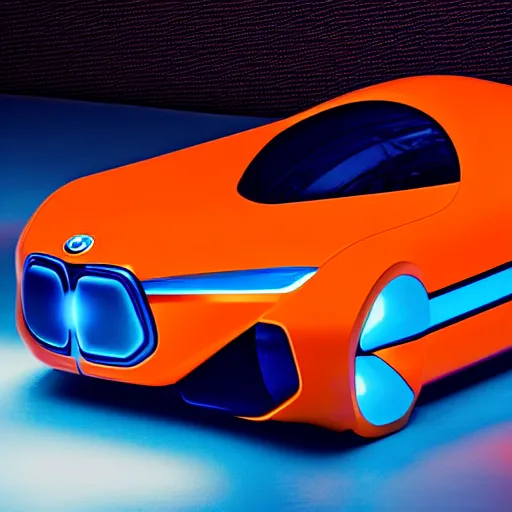 Image similar to a orange and blue shiny metallic robot in style of a bmw concept car vision with cyan glowing laser beams out of the eyes, insanely integrate details, cables out of the ears, sharp, frontshot, 8 k,