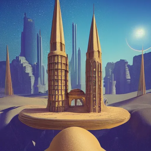 Image similar to cover concept art of the lost sand city, levitating sand, golden towers, golden pillars, palm trees, space and time, floating objects, post-processing, in the style of Hugh Ferriss, Behance, Artgerm. High detail, ultra realistic render, octane, 3D, photorealism, symmetric, cinematic