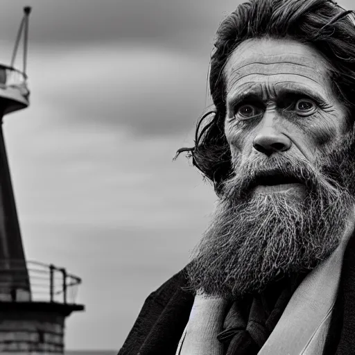 Prompt: Willem Dafoe with a beard in The Lighthouse (2019), high contrast, black and white cinematography