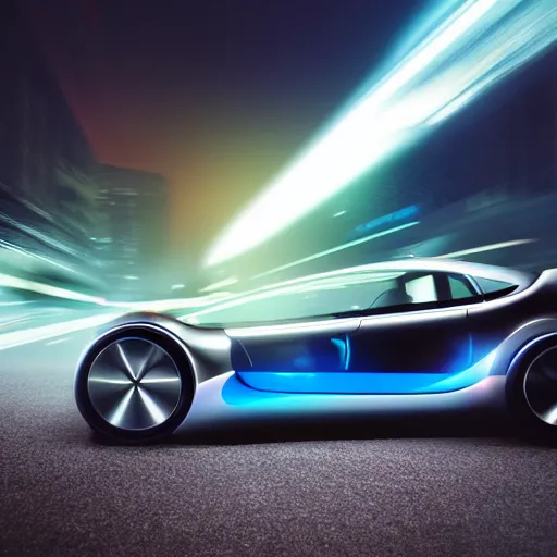 Image similar to a futuristic car driving at night, lighting in background, realistic, canon camera,