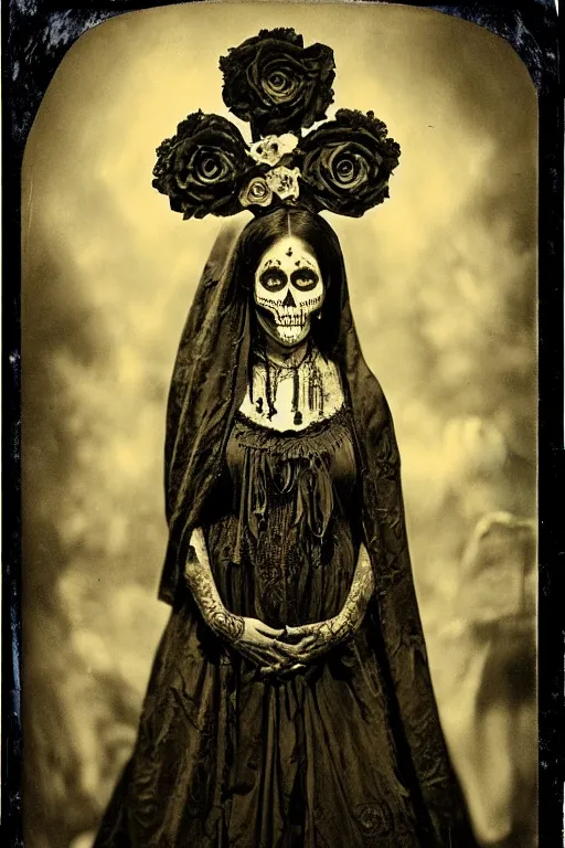 Image similar to tintype 1 8 9 0's virgin mary dia de muertos dress and make up, horrific beautiful vibe, evocative, atmospheric lighting, painted, intricate, highly detailed, leesha hannigan, wayne haag, reyna rochin, ignacio fernandez rios, mark ryden, iris van herpen, stunning, gorgeous, sharp focus, cinematic, masterpiece