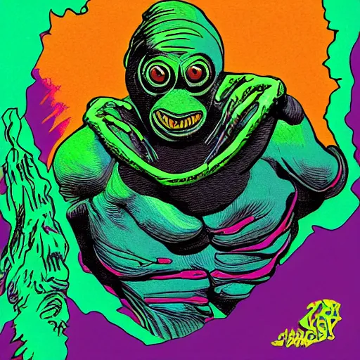 Prompt: album cover depicting the creature from the black lagoon, album cover, popping colors, in the style of Stephen Bliss