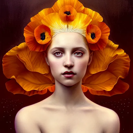 Prompt: portrait of a gorgeous young poppy queen, uniquely beautiful, surreal, fantasy, ornamental, intricate, elegant, dramatic lighting, emotionally evoking symbolic metaphor, highly detailed, lifelike, photorealistic, digital painting, artstation, concept art, smooth, sharp focus, illustration, art by John Collier and Krenz Cushart and Artem Demura and Alphonse Mucha and Albert Aublet