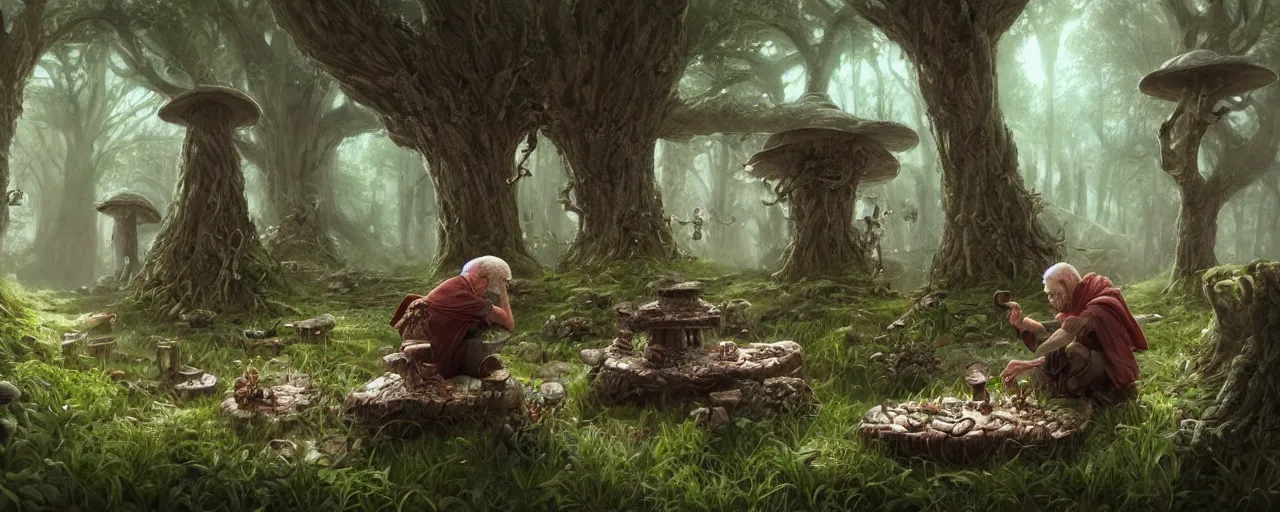 Prompt: an old wizard sitting under a mushroom tree casting a spell, D&D, fantasy, intricate, cinematic lighting, highly detailed, digital painting, artstation, concept art, smooth, sharp focus, illustration, art by Terry Moore and Greg Rutkowski