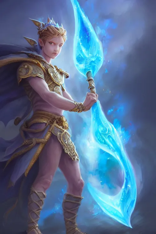 Image similar to legendary fairy prince hold flame staff, blue energy, highly detailed, d & d, fantasy, highly detailed, digital painting, trending on artstation, concept art, sharp focus, illustration, global illumination, ray tracing, realistic shaded, art by artgerm and greg rutkowski and fuji choko and viktoria gavrilenko and hoang lap