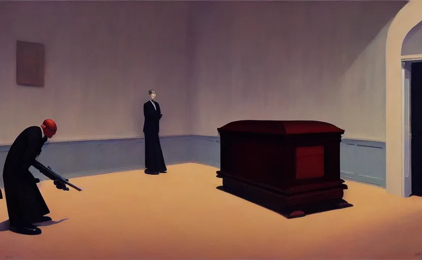 Image similar to Inside a funeral, very coherent, painted by Edward Hopper, Wayne Barlowe, painted by James Gilleard, airbrush, art by JamesJean