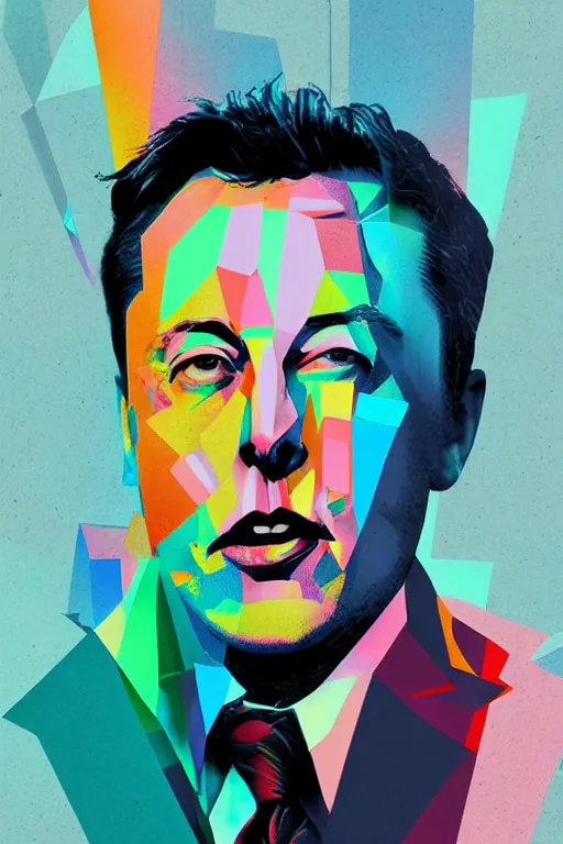 Image similar to cubist portrait of elon musk cutout digital illustration cartoon colorful beeple