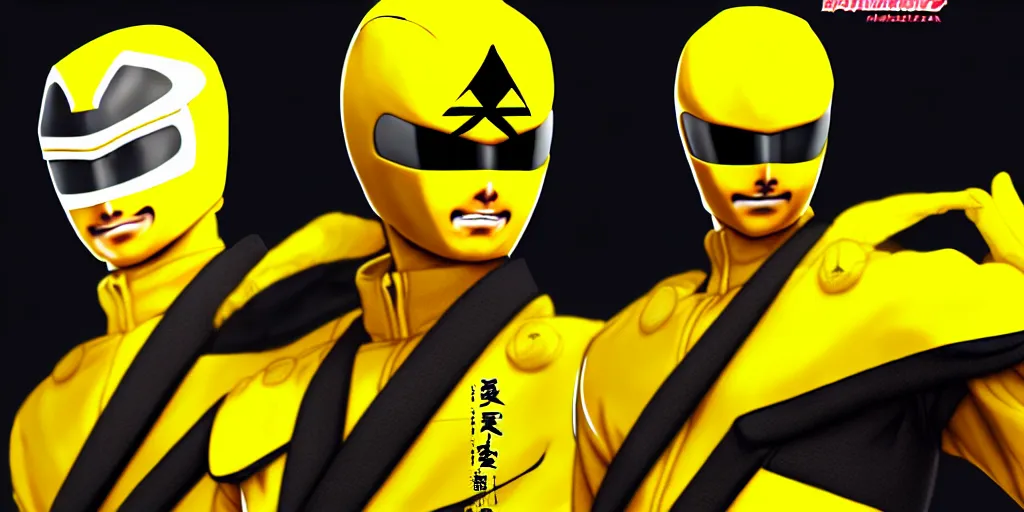 Prompt: symmetry!! yellow ranger, samurai, asian, artstation, art by murata, art by oda echiiro, lightning helmet, 3 d, jumpsuit, tracksuit, yellow, gloves, logo