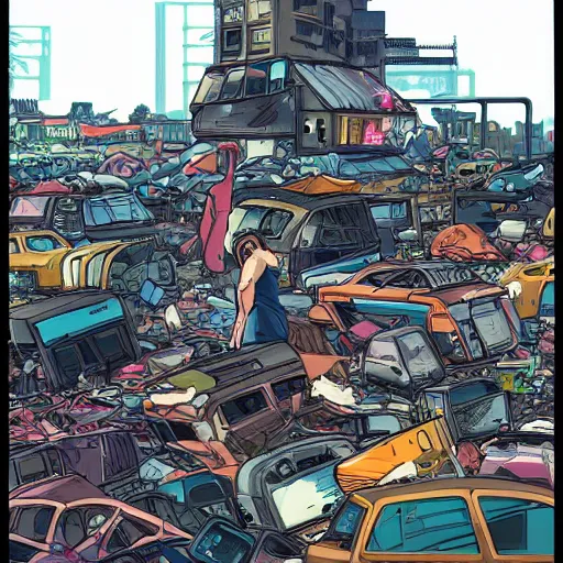 Prompt: view from ground level of a landscape full of junkyards, garbage heaps and recycled electronic gear | neon anime electronic cybernetic comic book art