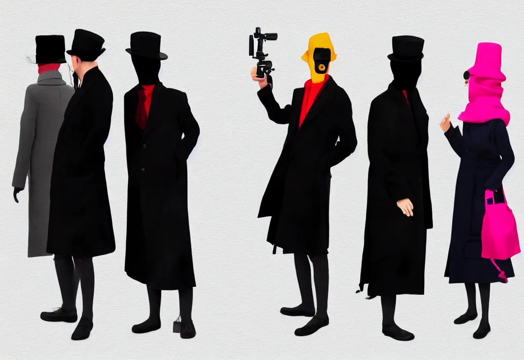 Prompt: full body portrait of a trio of european tourists long coat travel apparel, with nikon cameras, various poses shooting photos, character designs painting, in the style of wes anderson, rene magritte, lola dupre, david hockney, isolated on white background, dark monochrome neon spraypaint accents volumetric octane render