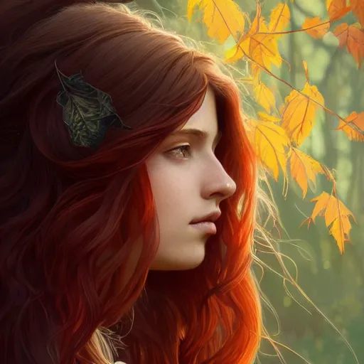 Image similar to girl with super long hair, hair becoming autumn red leaves, intricate, highly detailed, digital painting, artstation, concept art, smooth, sharp focus, illustration, unreal engine 5, 8 k, art by artgerm and greg rutkowski and alphonse mucha