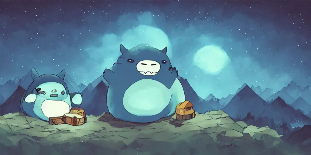 Image similar to glowing snorlax totoro, mountain landscape, night sky, digital art, digital painting, celestial, majestic, colorful