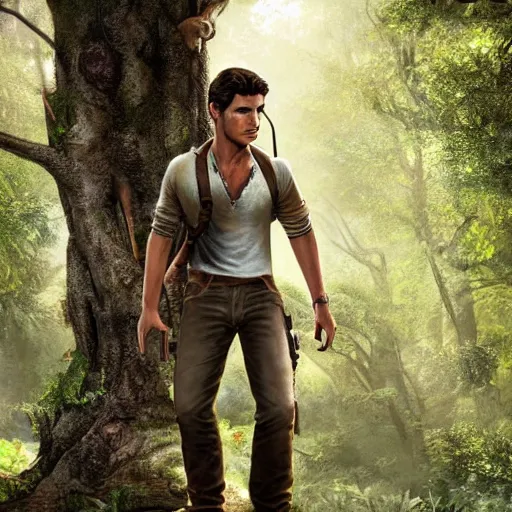 Image similar to young nathan drake finding a large tree, highly detailed