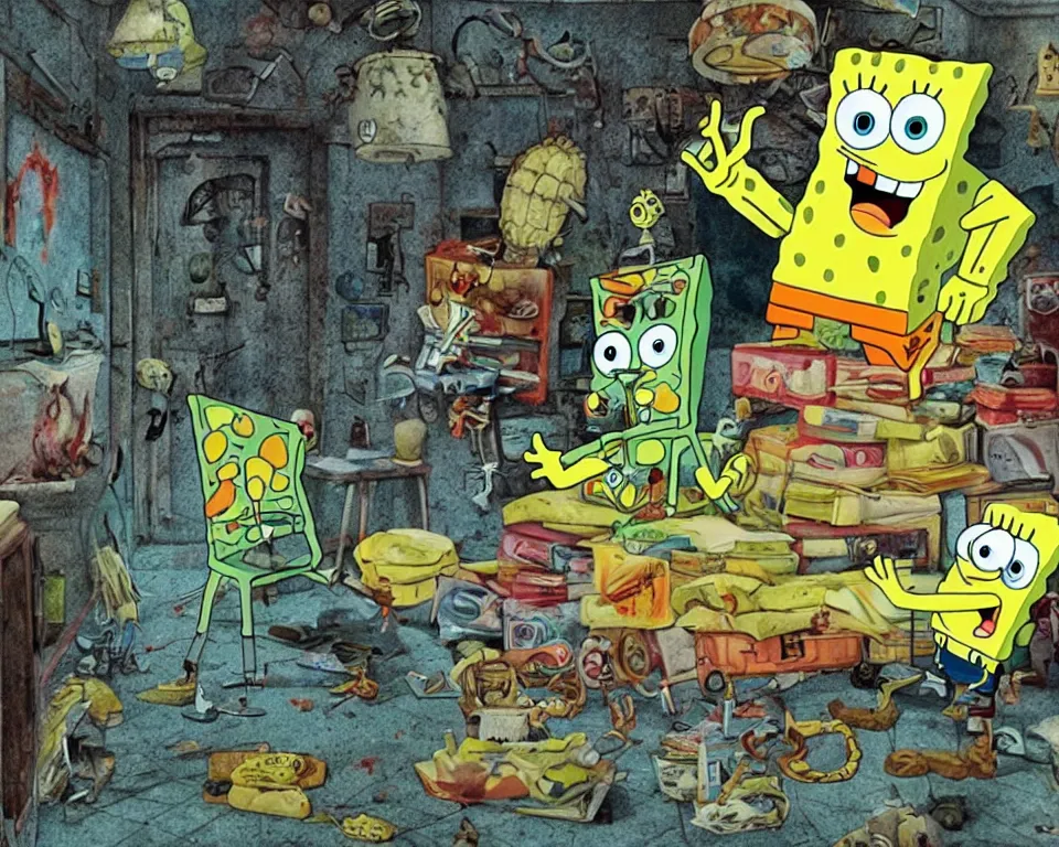 Prompt: a horror movie poster featuring spongebob