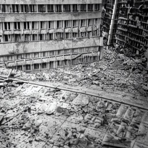 Prompt: Slovenian National Library in Ljubljana, after nuclear explosion