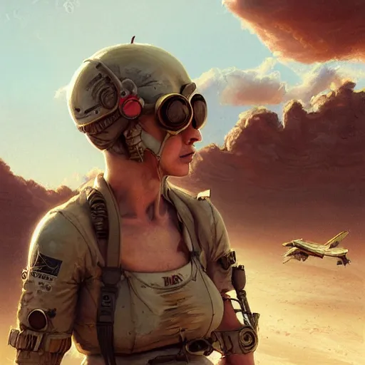 Prompt: tattooed dirty stoic butch heroic emotionless blonde woman engineer in tattered dirty flight suit, very short messy hair, victorian goggles, back pose, crossing primitive hostile alien desert, clouds of red dust, highly detailed, digital painting, artstation, concept art, matte, sharp focus, illustration, art by artgerm and greg rutkowski
