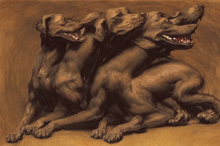 Image similar to hyperdetailed matte art of a three headed dog cerberus by william blake, ilya repin, amano, rene magritte, craig mullins, three headed dog cerberus, details