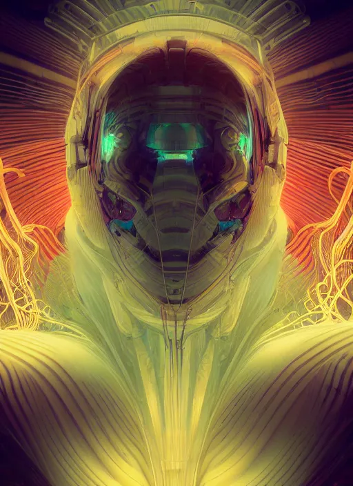 Image similar to subsurface scattering, striped mecha, cgsociety, translucent, wooden art nouveau swirls with electricity running through them, organic fractals, colored smoke, gold cables, in the style of ruan jia and beeple and giger, mystical colors, back light, rim light, dramatic lighting, 8 k, stunning scene, raytracing, octane render