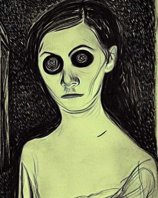 Prompt: scary portrait of a young female with glowing eyes, drawing by Edvard Munch