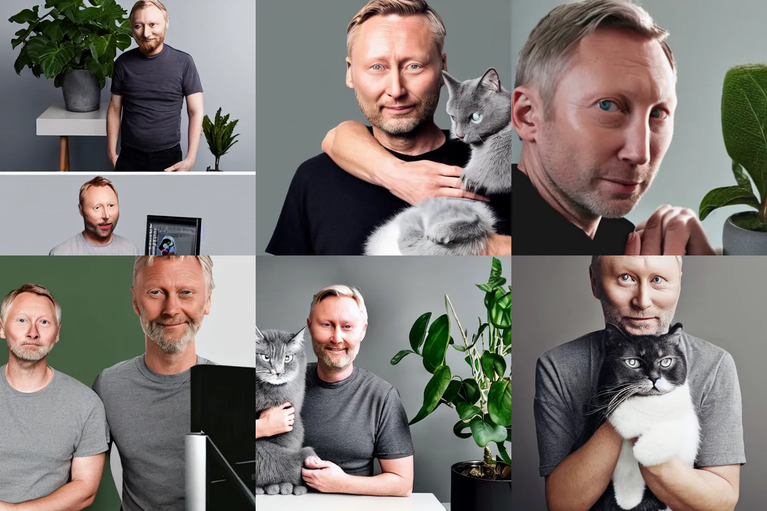 Prompt: a handsome white man with dark grey hair that looks exactly like limmy and lars mikkelsen wearing a grey tshirt cradling a white fluffy cat in his arms, beside a desktop pc in a dark grey room with house plants