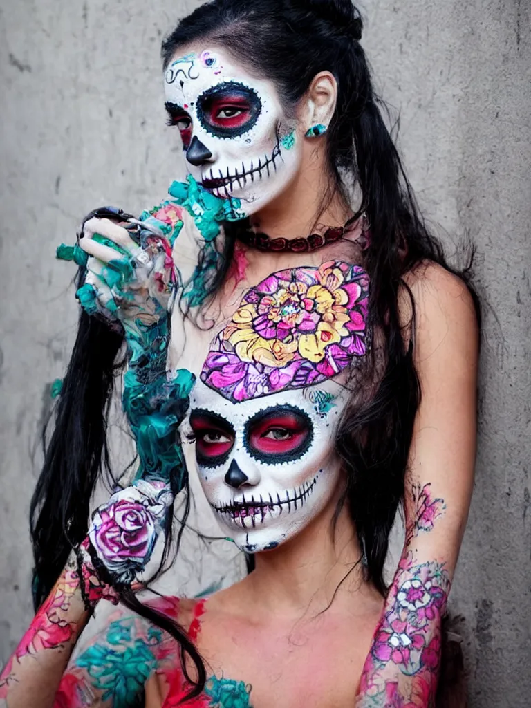 Image similar to a beautiful woman wearing day of the dead make - up, in the style of street art