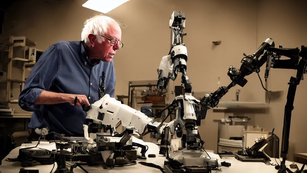 Image similar to bernie sanders putting the finishing touches on a small weaponized robot, cinematic moody lighting, smoky laboratory, sharp focus, imax