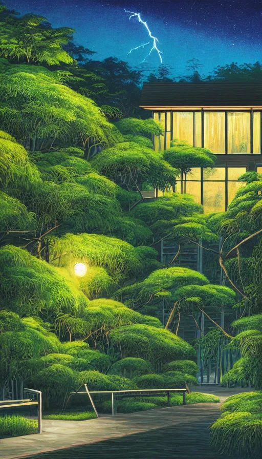 Prompt: a beautiful very detailed painting of nature home exterior by ludwig mies van der rohe, architecture island at dusk at night tron synthwave dramatic lightning rainforest forest landscape uv light meadow flowers thermal vision sunlight studio ghibli neon signs desert, archdaily, wallpaper, highly detailed, trending on artstation.