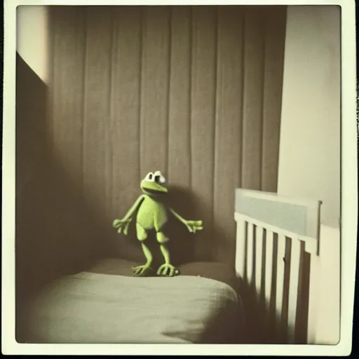 Prompt: Polaroid of a child's bedroom with kermit the frog in the corner 1988, liminal space
