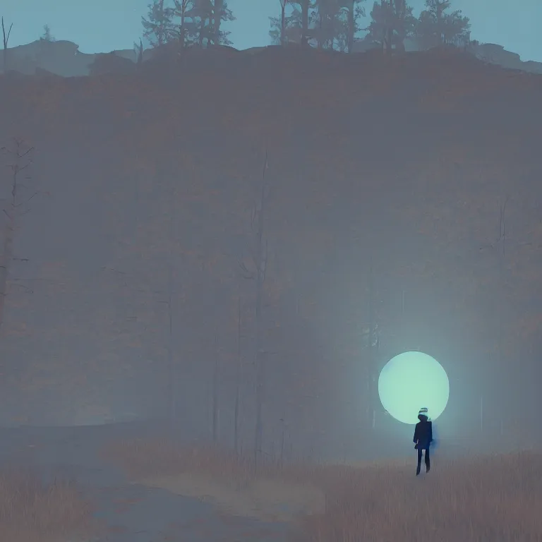 Image similar to Hiking in the Scottish Highlands. A still from Kentucky Route Zero.