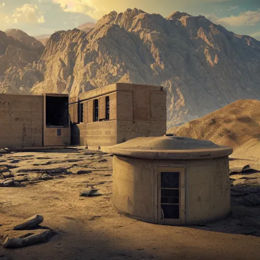 Prompt: abandoned hidden bunker in the mountains with big desert National Geographic photograph Greg Rutkowski ArtStation, Deviantart HD screenshot