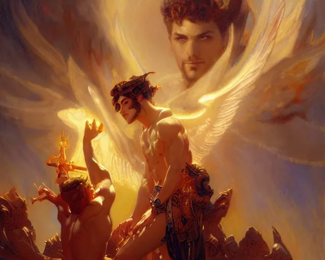 Image similar to attractive pagan male deity, summoning handsome lucifer morning star. highly detailed painting by gaston bussiere, craig mullins, j. c. leyendecker 8 k