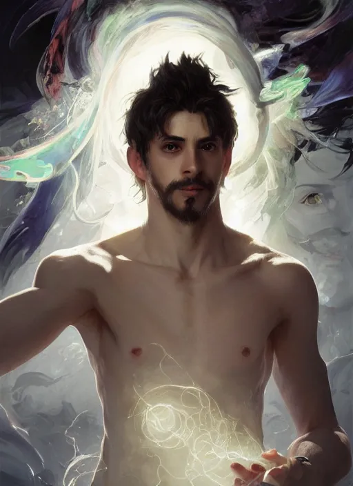 Image similar to character concept portrait of an attractive young Spanish wizard with white skin conjuring a hurricane spell, a floating iridescent spell book in the center, intricate, elegant, digital painting, concept art, smooth, sharp focus, illustration, from Metal Gear, by Ruan Jia and Mandy Jurgens and William-Adolphe Bouguereau, Artgerm