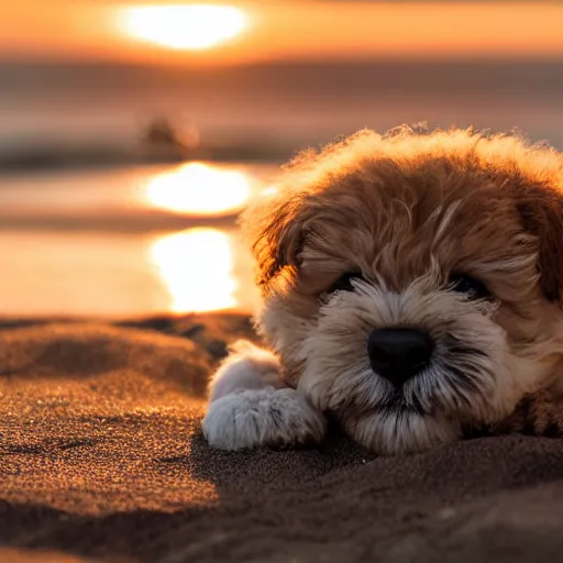 Image similar to a closeup photorealistic photograph of a cute smiling tiger bichon puppy laying out at the beach during sunset. professional capture, well lit shot. this 4 k hd image is trending on artstation, featured on behance, well - rendered, extra crisp, features intricate detail, epic composition and the style of unreal engine.