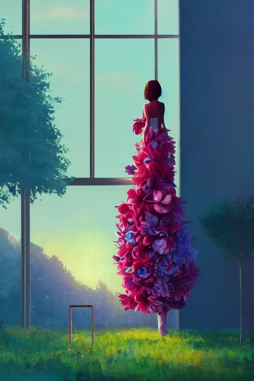 Image similar to closeup, huge flower as head, woman standing by tall modern windows, luxury apartment, surreal photography, sunlight, impressionist painting, digital painting, artstation, simon stalenhag